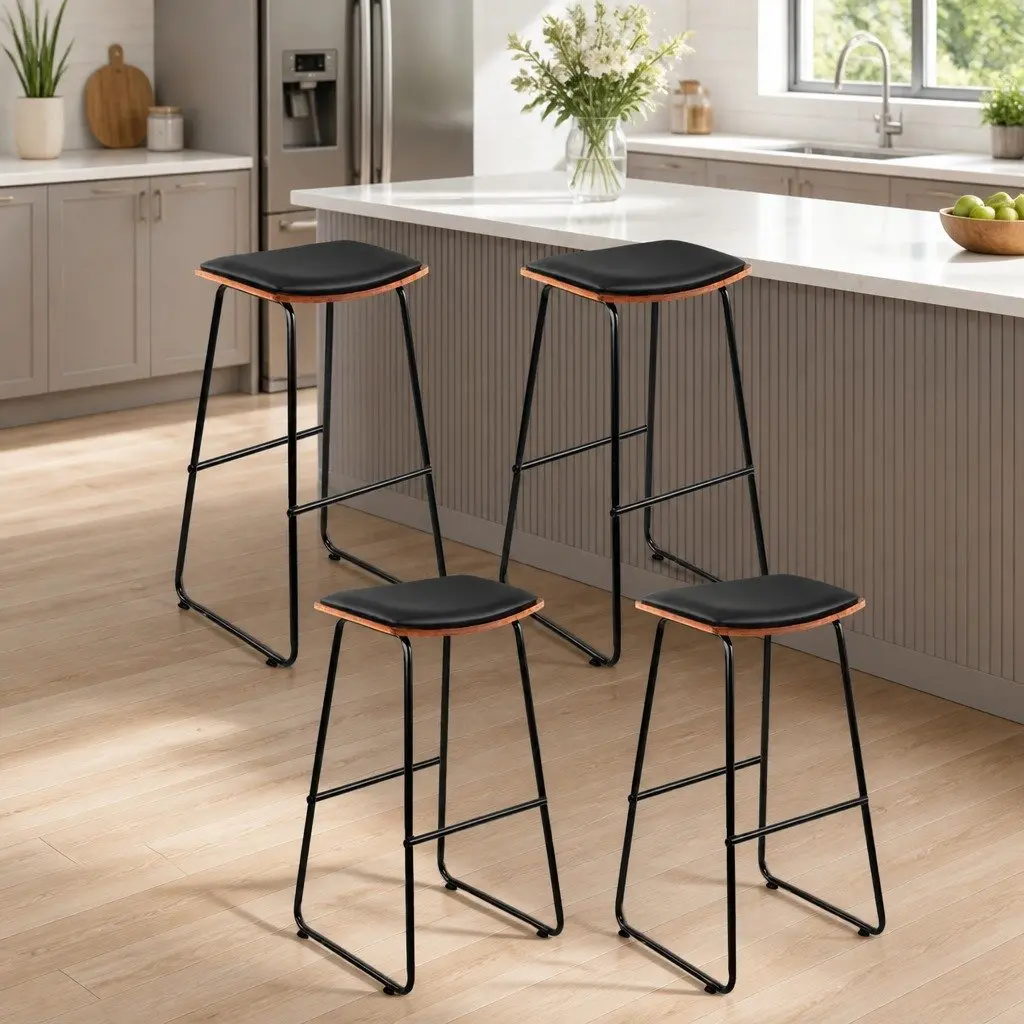 Bar Stools x4 Black Padded Seat Wooden Base Metal Frame Footrest Kitchen