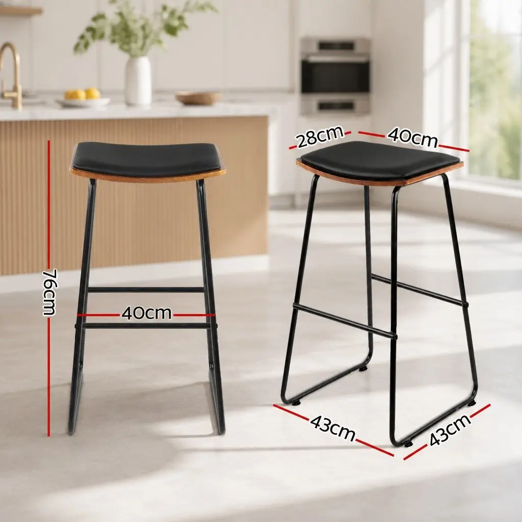 Bar Stools x4 Black Padded Seat Wooden Base Metal Frame Footrest Kitchen