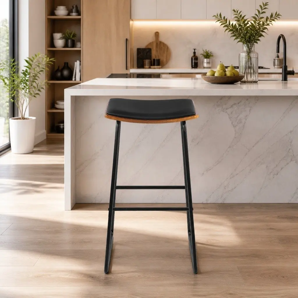 Bar Stools x4 Black Padded Seat Wooden Base Metal Frame Footrest Kitchen