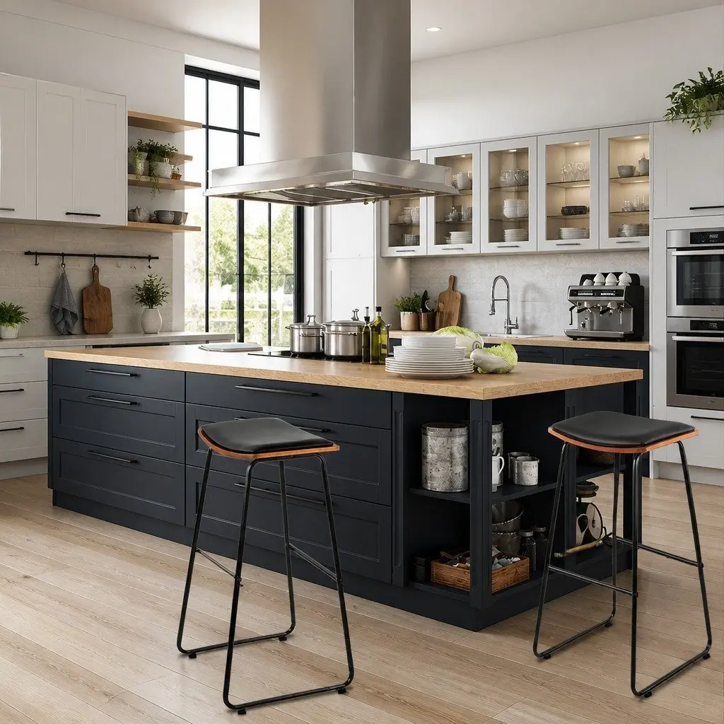Bar Stools x4 Black Padded Seat Wooden Base Metal Frame Footrest Kitchen