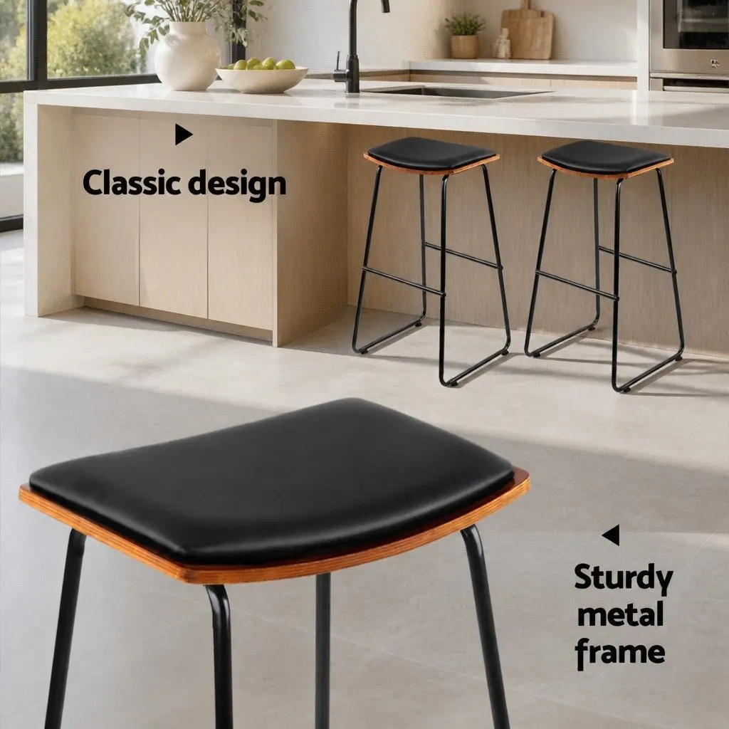 Bar Stools x4 Black Padded Seat Wooden Base Metal Frame Footrest Kitchen