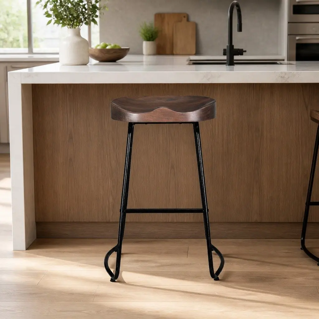 Bar Stools Retro Industrial 65cm Height Steel Frame Wooden Seat Set of 4