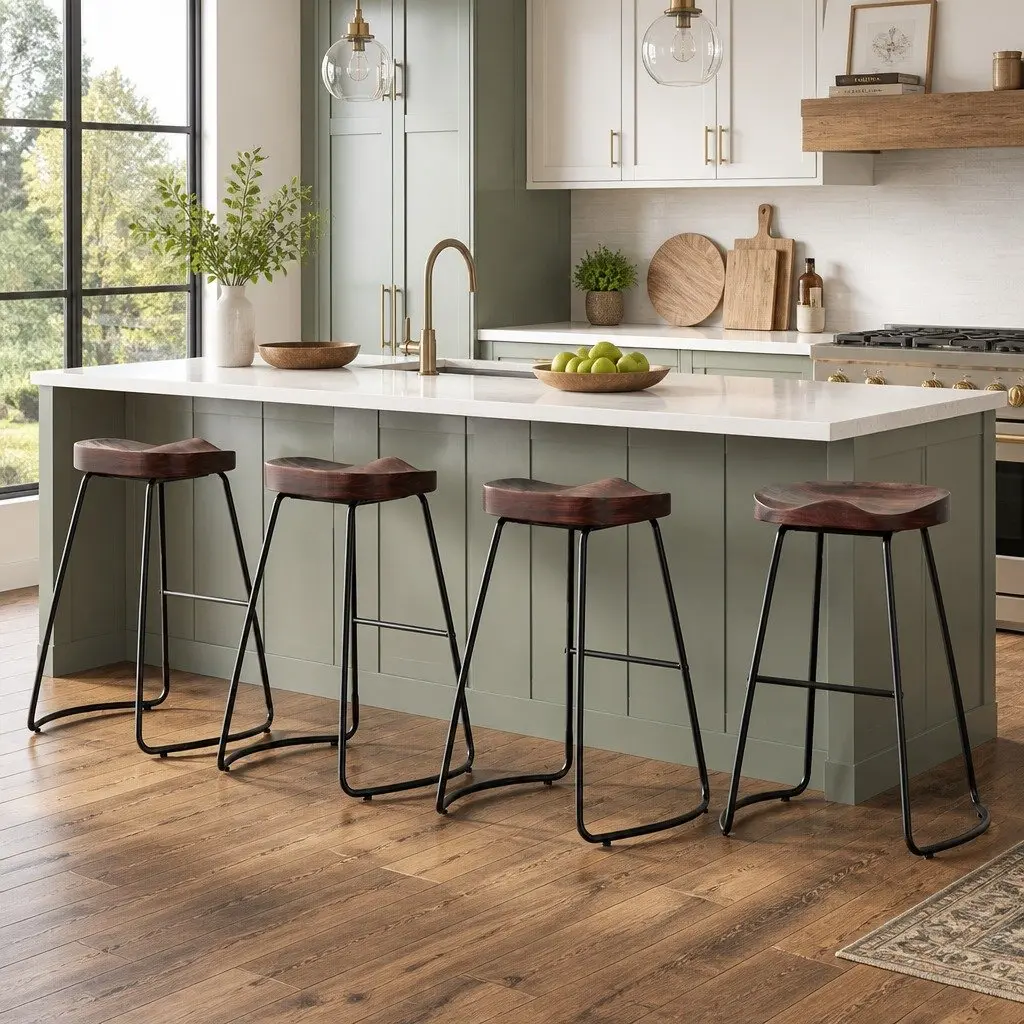 Bar Stools Retro Industrial 65cm Height Steel Frame Wooden Seat Set of 4