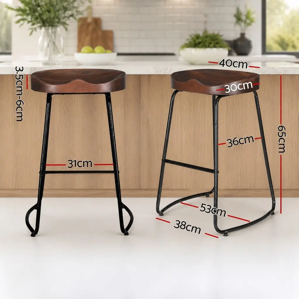 Bar Stools Retro Industrial 65cm Height Steel Frame Wooden Seat Set of 4