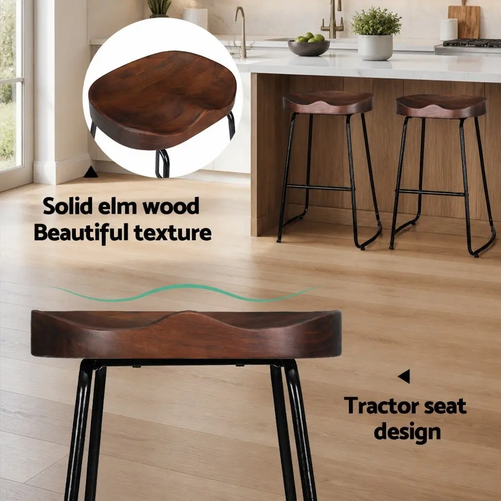 Bar Stools Retro Industrial 65cm Height Steel Frame Wooden Seat Set of 4