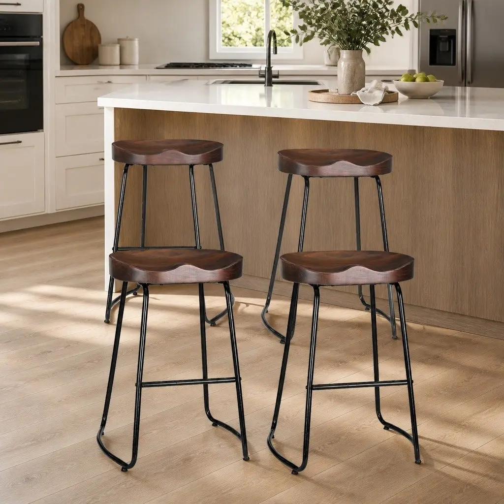 Bar Stools Retro Industrial 65cm Height Steel Frame Wooden Seat Set of 4
