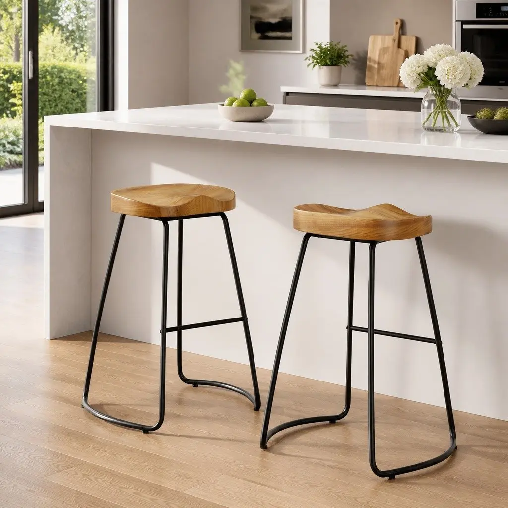 Bar Stools Tractor Seat 65cm Wooden Industrial Retro Design Curved Seat Set of 2