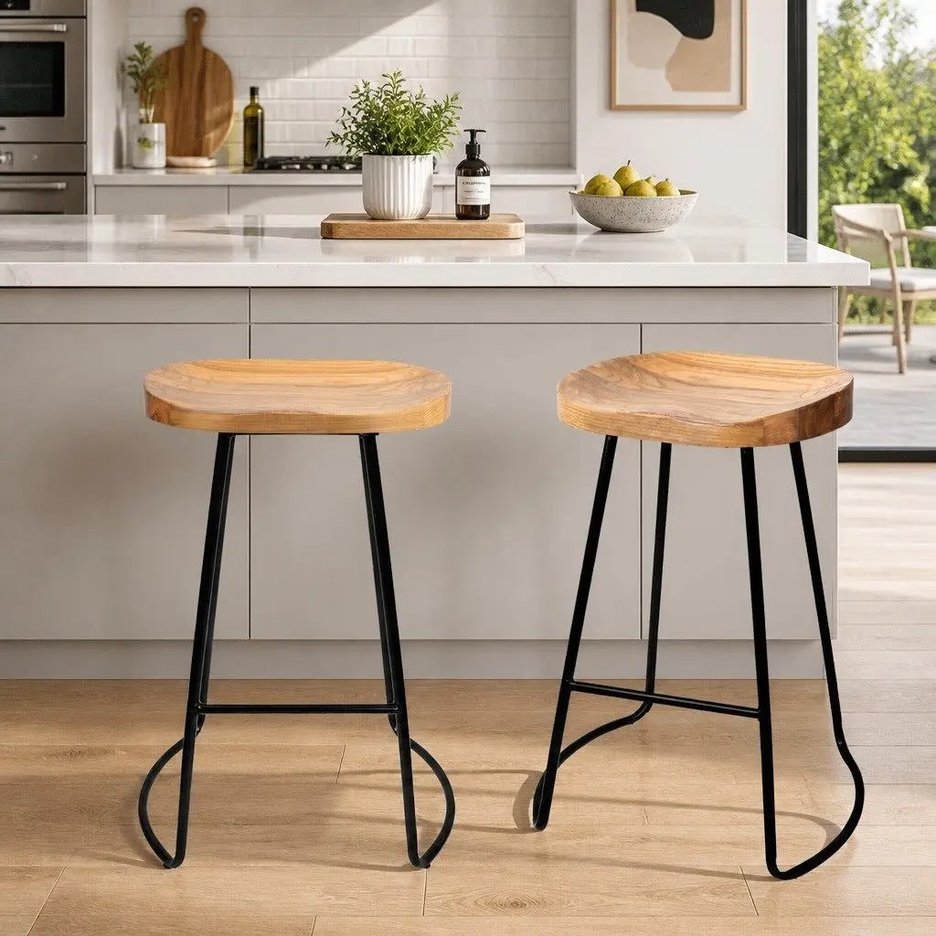 Bar Stools Tractor Seat 65cm Wooden Industrial Retro Design Curved Seat Set of 2