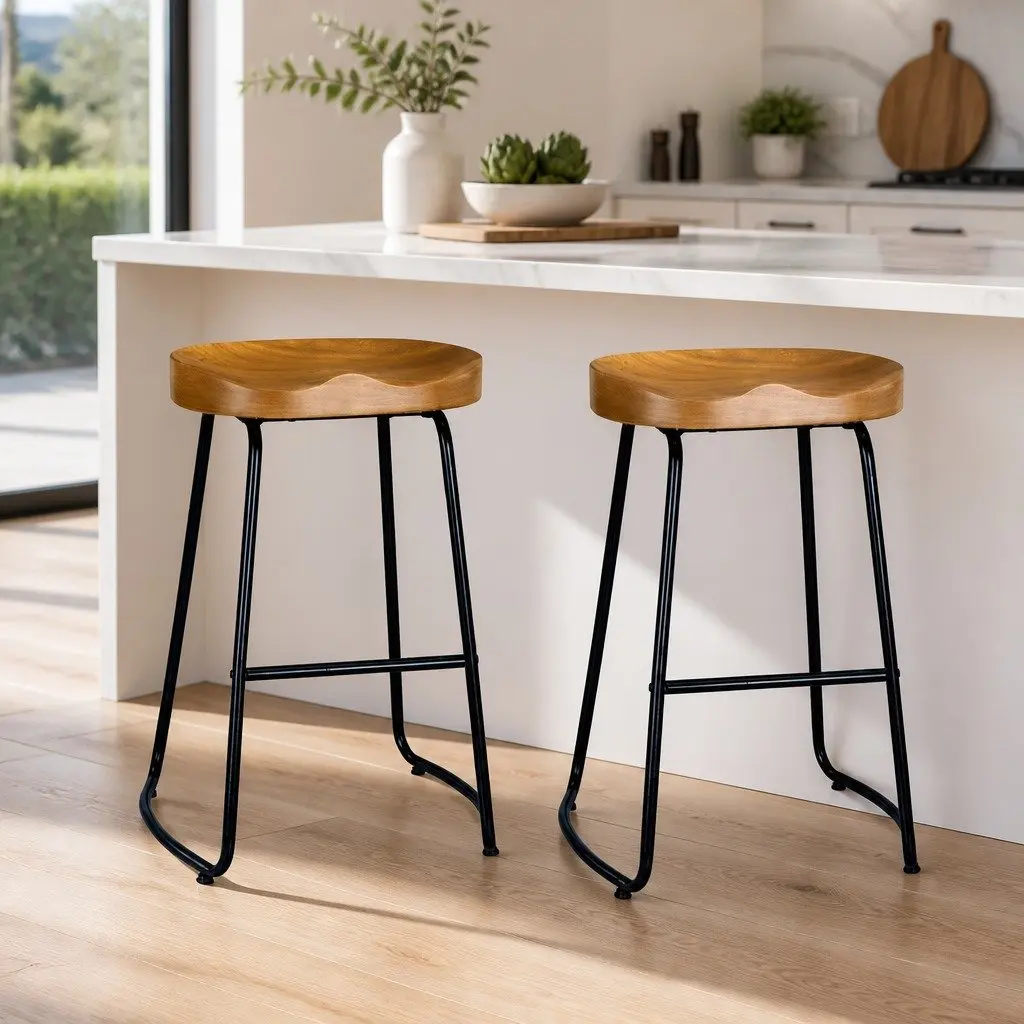 Bar Stools Tractor Seat 65cm Wooden Industrial Retro Design Curved Seat Set of 2