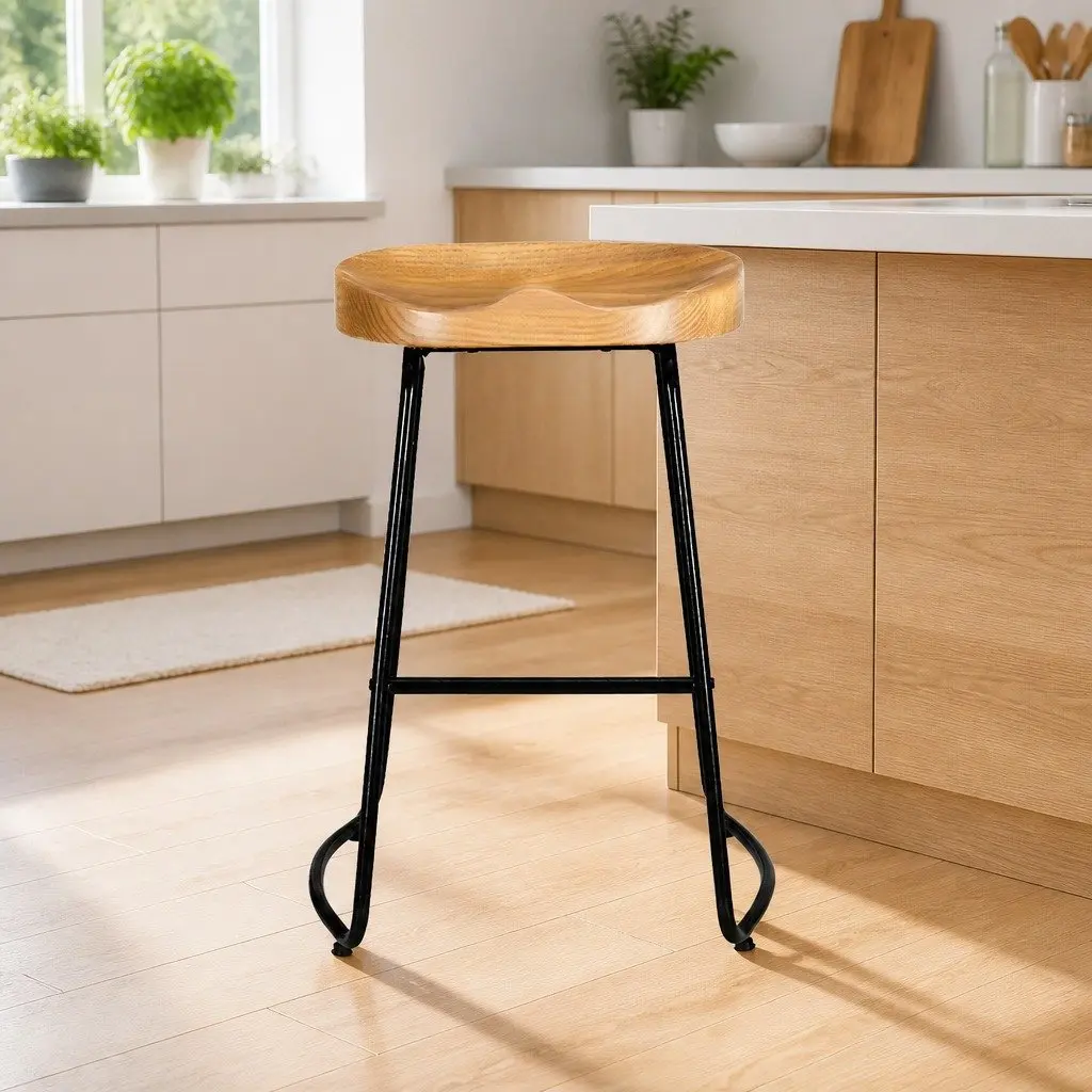 Bar Stools Retro Industrial 65cm Wooden Tractor Seat Set of 4