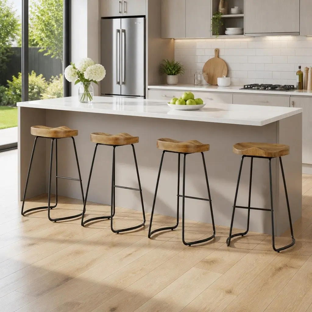Bar Stools Industrial Retro 75cm Wooden Set of 4 Pine Wood Steel Frame