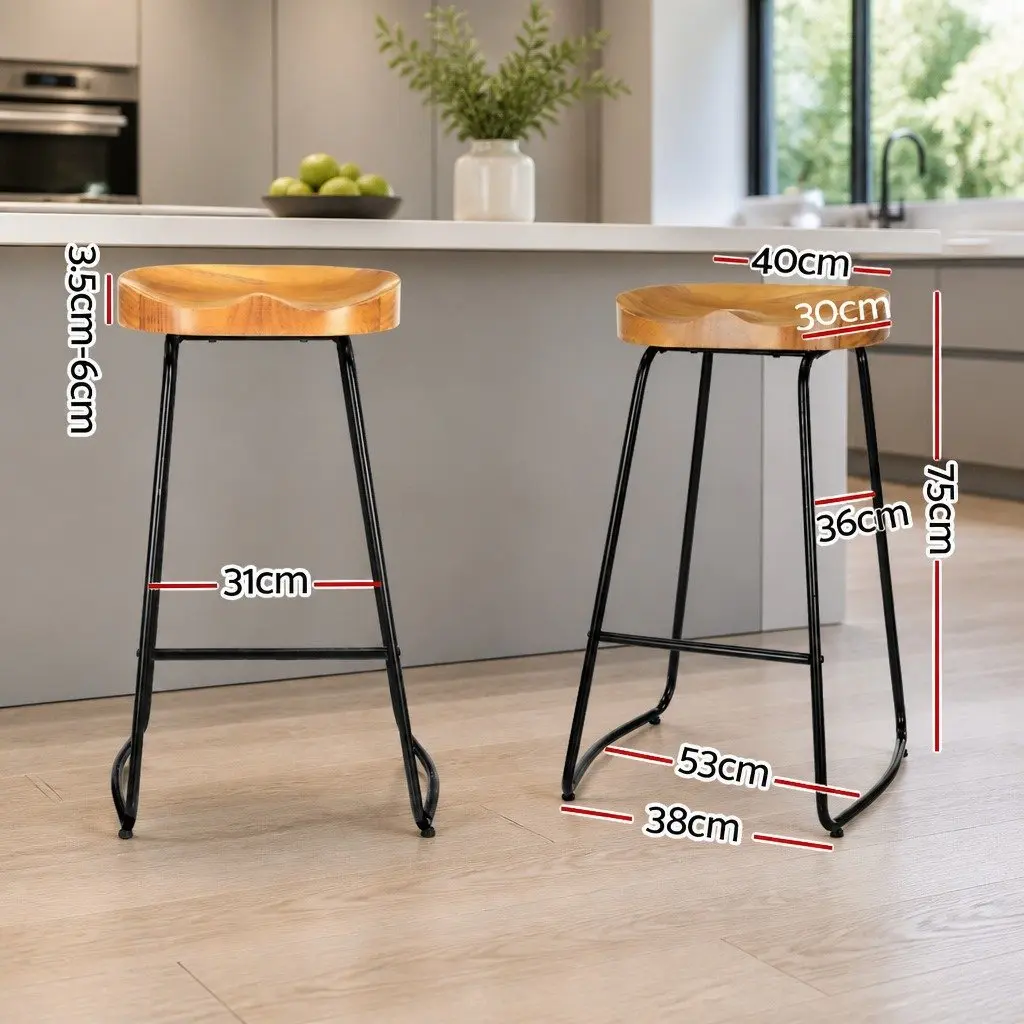 Bar Stools Industrial Retro 75cm Wooden Set of 4 Pine Wood Steel Frame