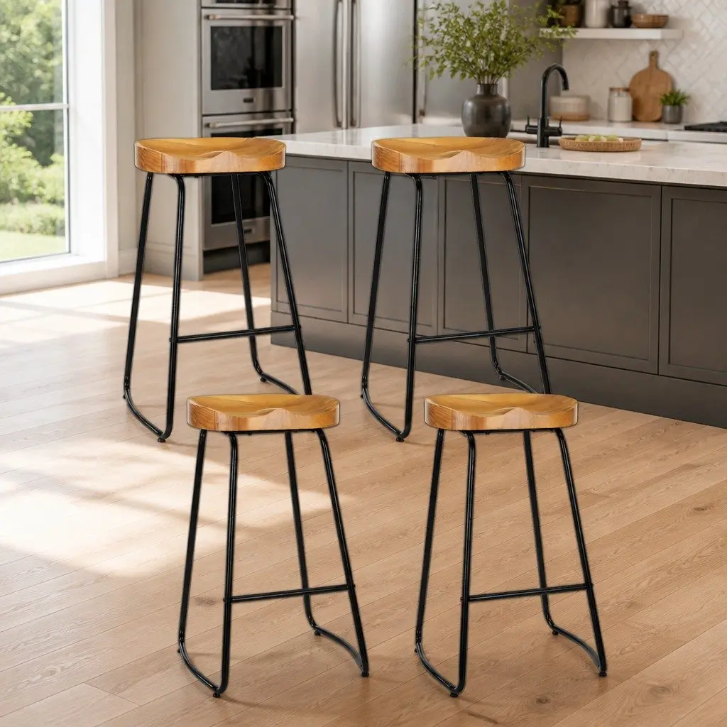 Bar Stools Industrial Retro 75cm Wooden Set of 4 Pine Wood Steel Frame
