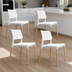 Set of 4 Elegant White Dining Chairs with Wooden Legs