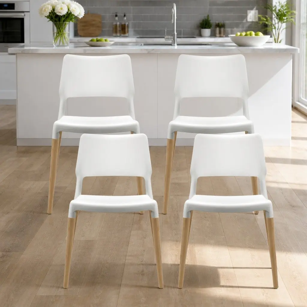 Dining Chairs White Stackable 4 Piece PP Plastic Seat Solid Beech Wooden Legs