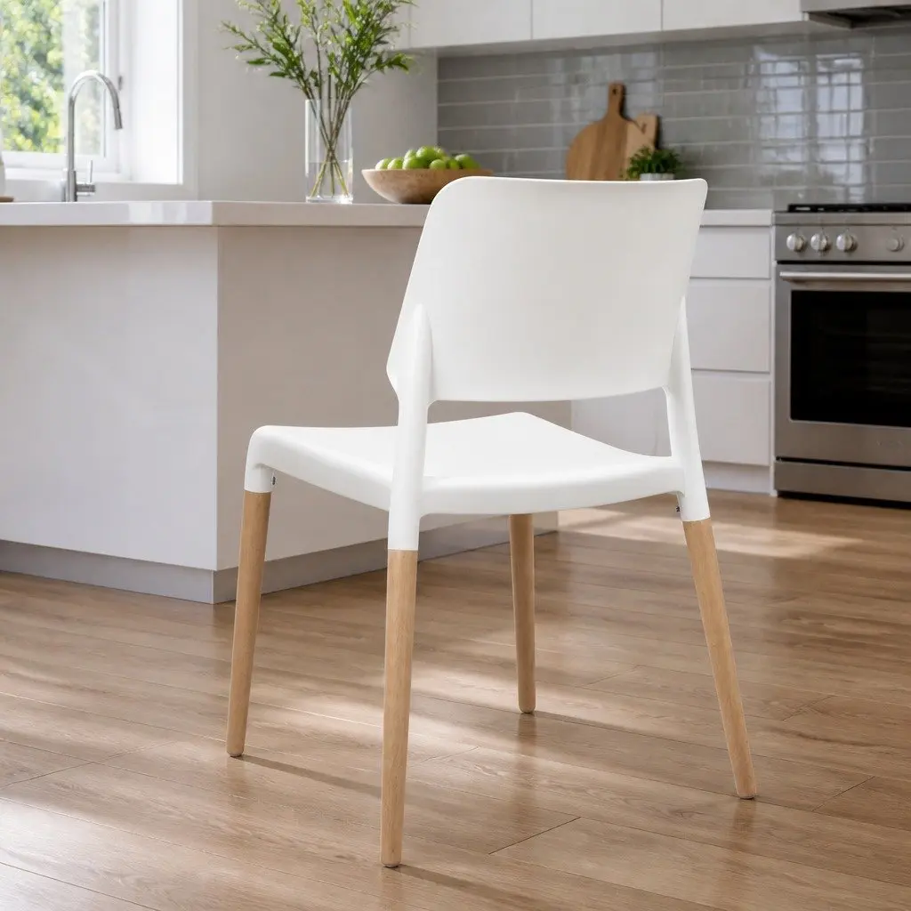 Dining Chairs White Stackable 4 Piece PP Plastic Seat Solid Beech Wooden Legs