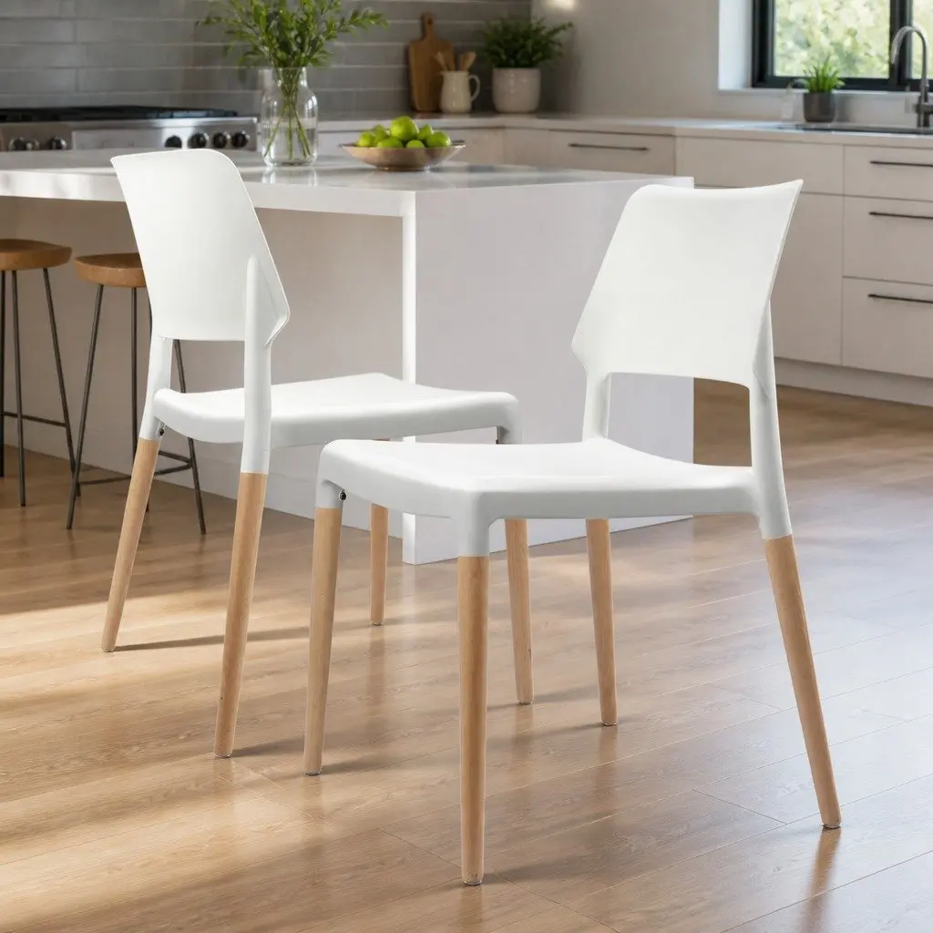 Dining Chairs White Stackable 4 Piece PP Plastic Seat Solid Beech Wooden Legs