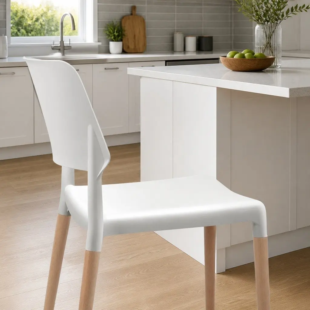 Dining Chairs White Stackable 4 Piece PP Plastic Seat Solid Beech Wooden Legs