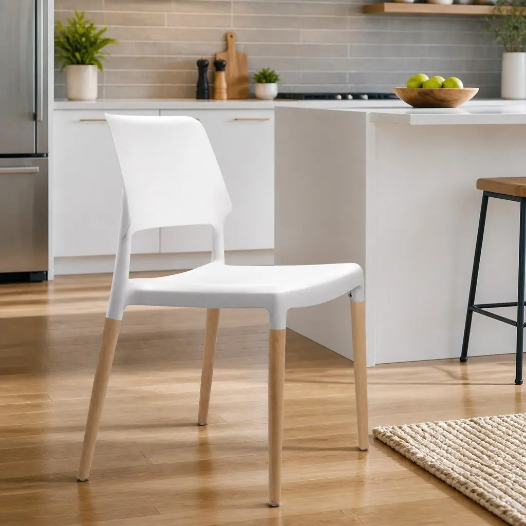 Dining Chairs White Stackable 4 Piece PP Plastic Seat Solid Beech Wooden Legs