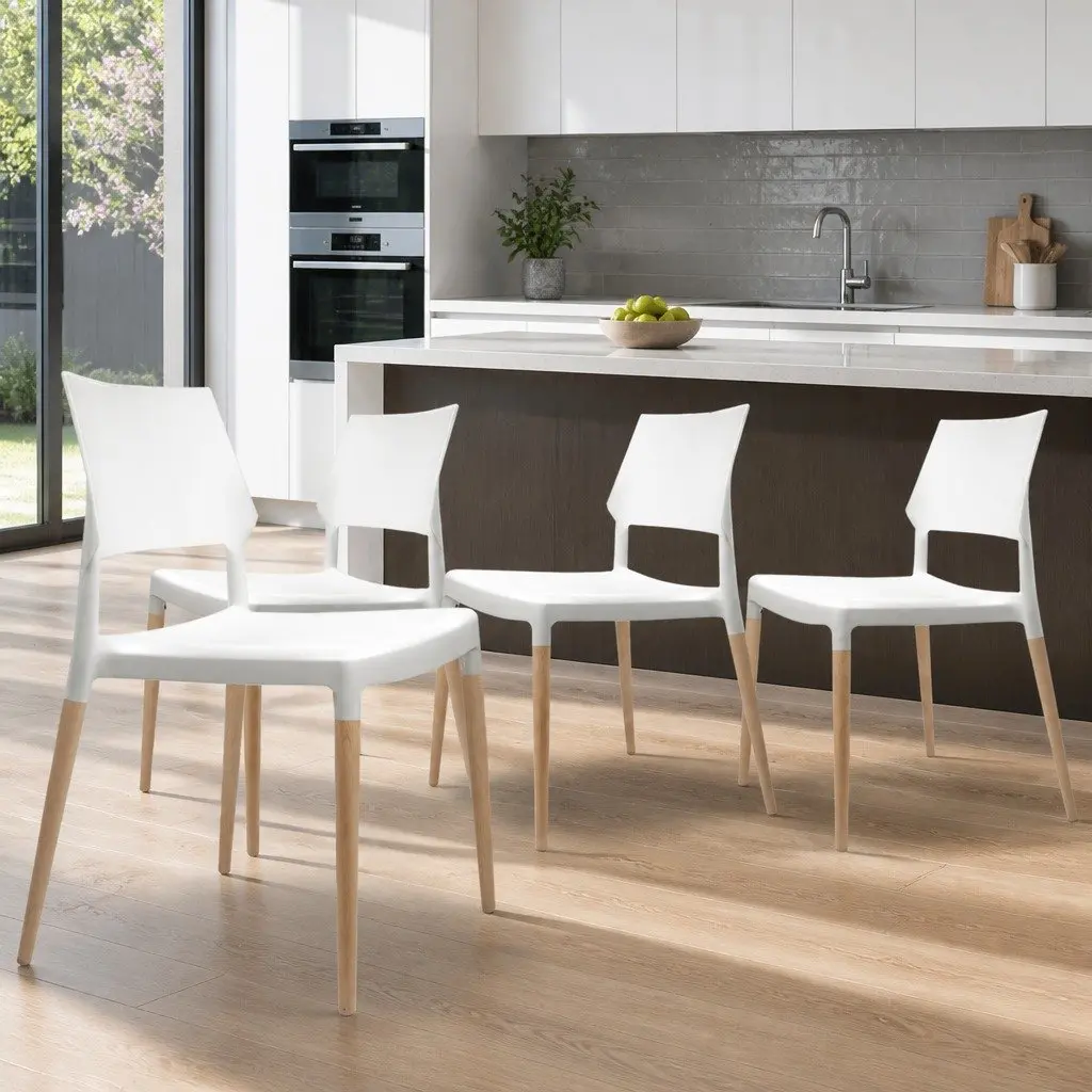 Dining Chairs White Stackable 4 Piece PP Plastic Seat Solid Beech Wooden Legs