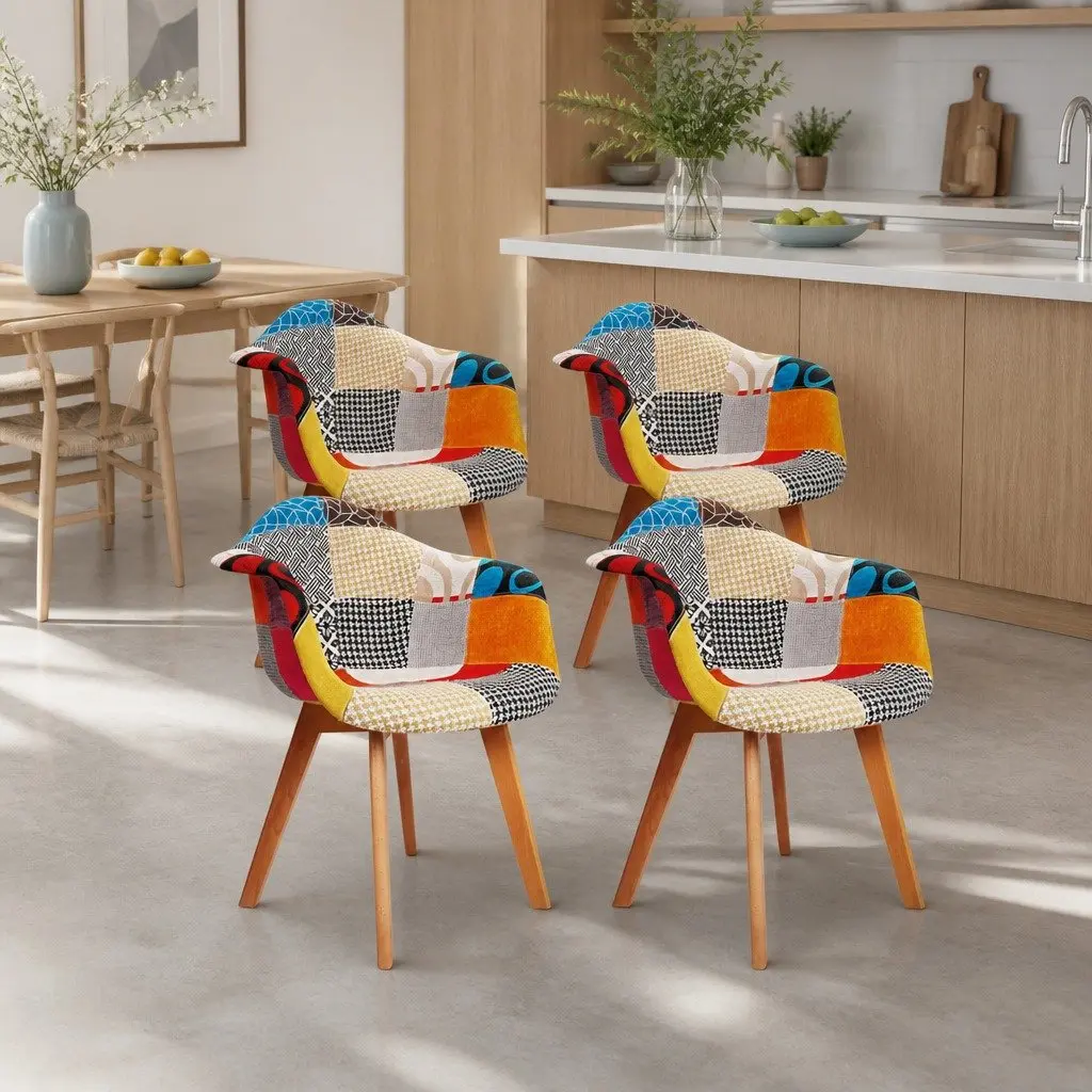 Dining Chairs Retro Multicolour Fabric 49 x 42 x 84cm PP Plastic Beech Wood Legs Set of 4