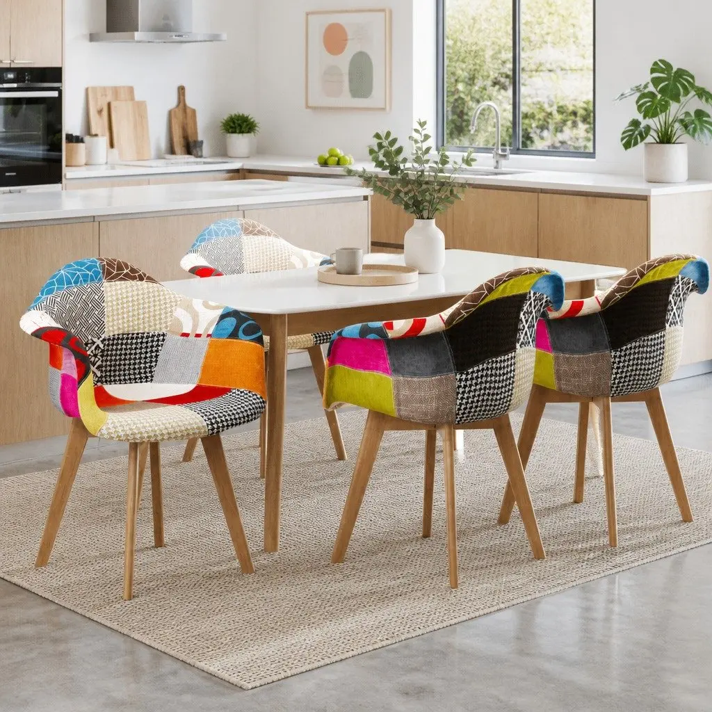 Dining Chairs Retro Multicolour Fabric 49 x 42 x 84cm PP Plastic Beech Wood Legs Set of 4