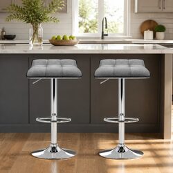 Set of 2 Grey Upholstered Adjustable Bar Stools