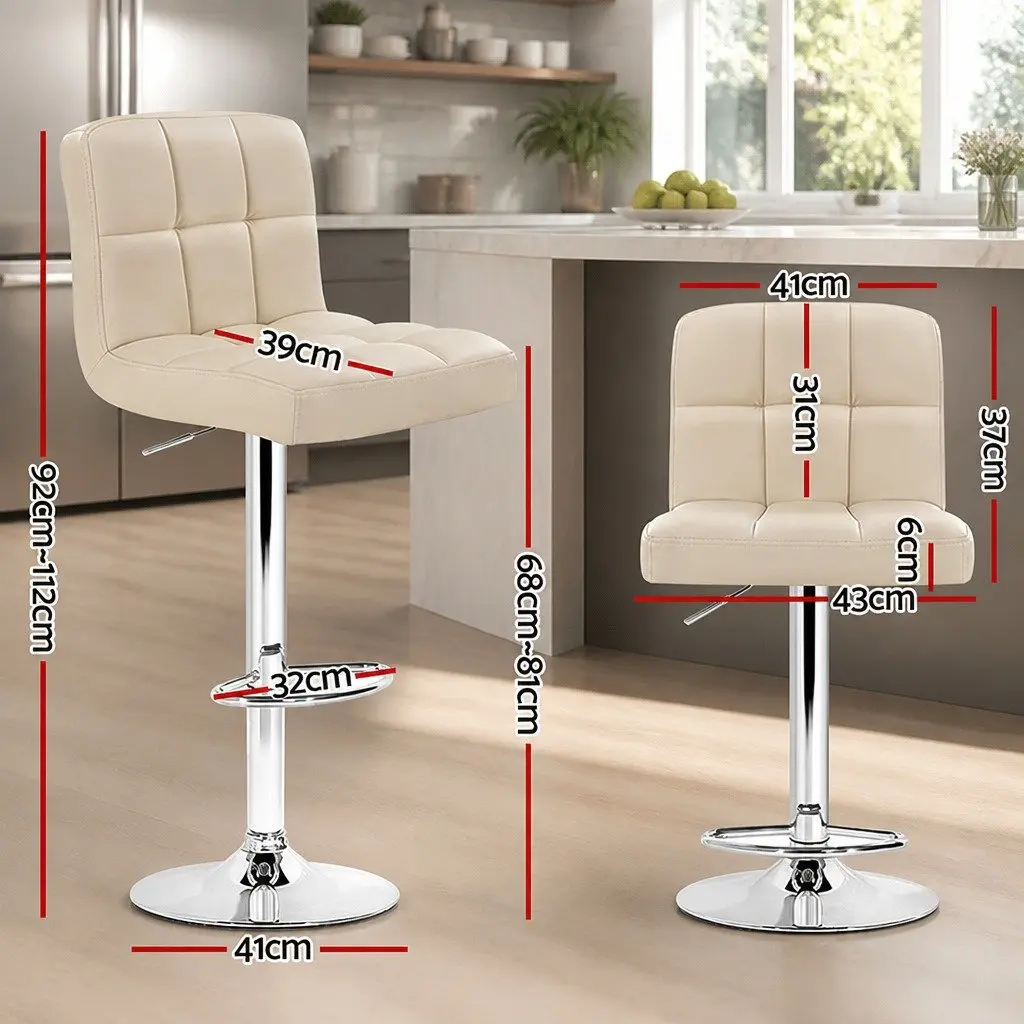Bar Stools Set of 4 Gas Lift Swivel Upholstered Seat Adjustable Height Backrest Beige PU Leather Chrome Base