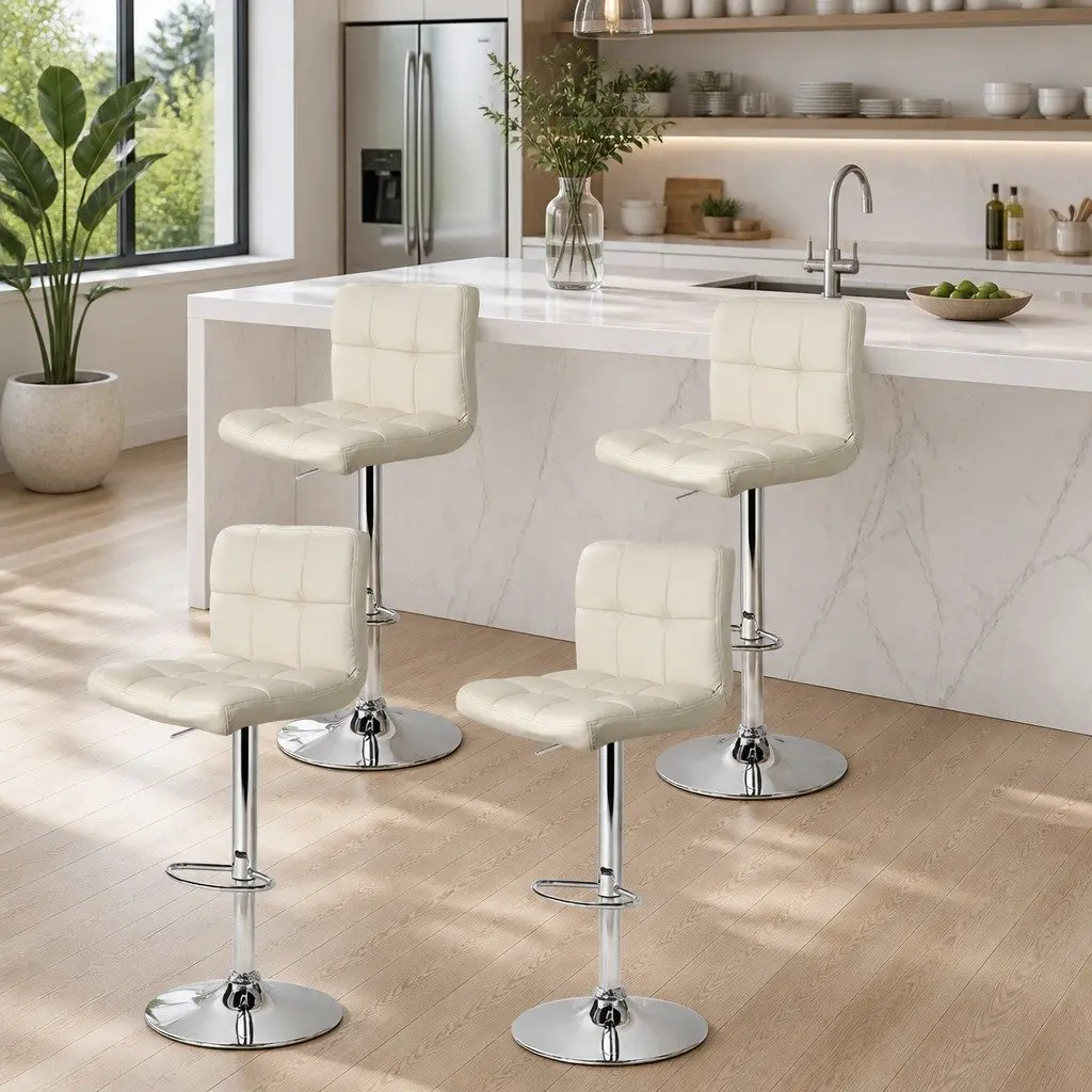 Bar Stools Set of 4 Gas Lift Swivel Upholstered Seat Adjustable Height Backrest Beige PU Leather Chrome Base