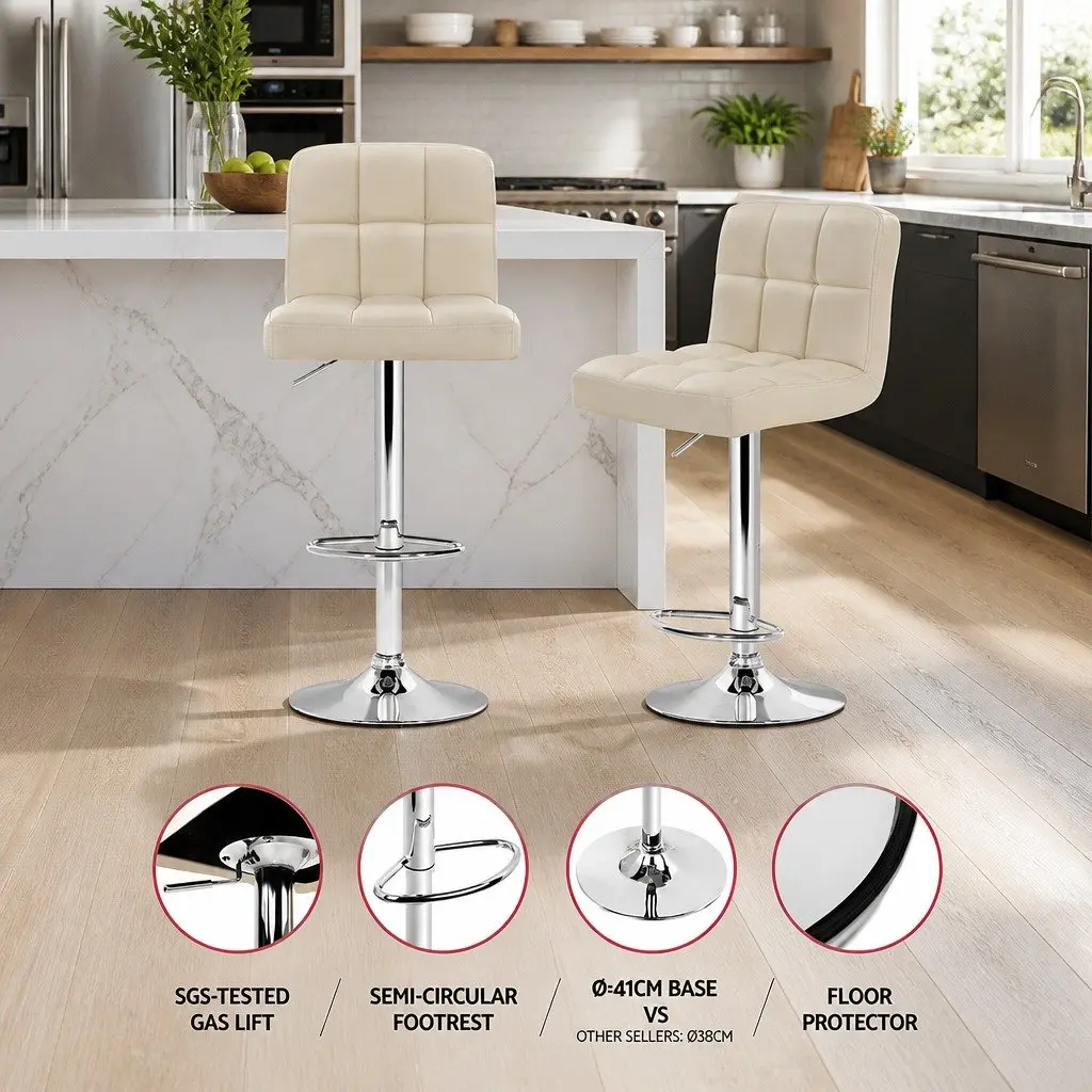 Bar Stools Set of 4 Gas Lift Swivel Upholstered Seat Adjustable Height Backrest Beige PU Leather Chrome Base
