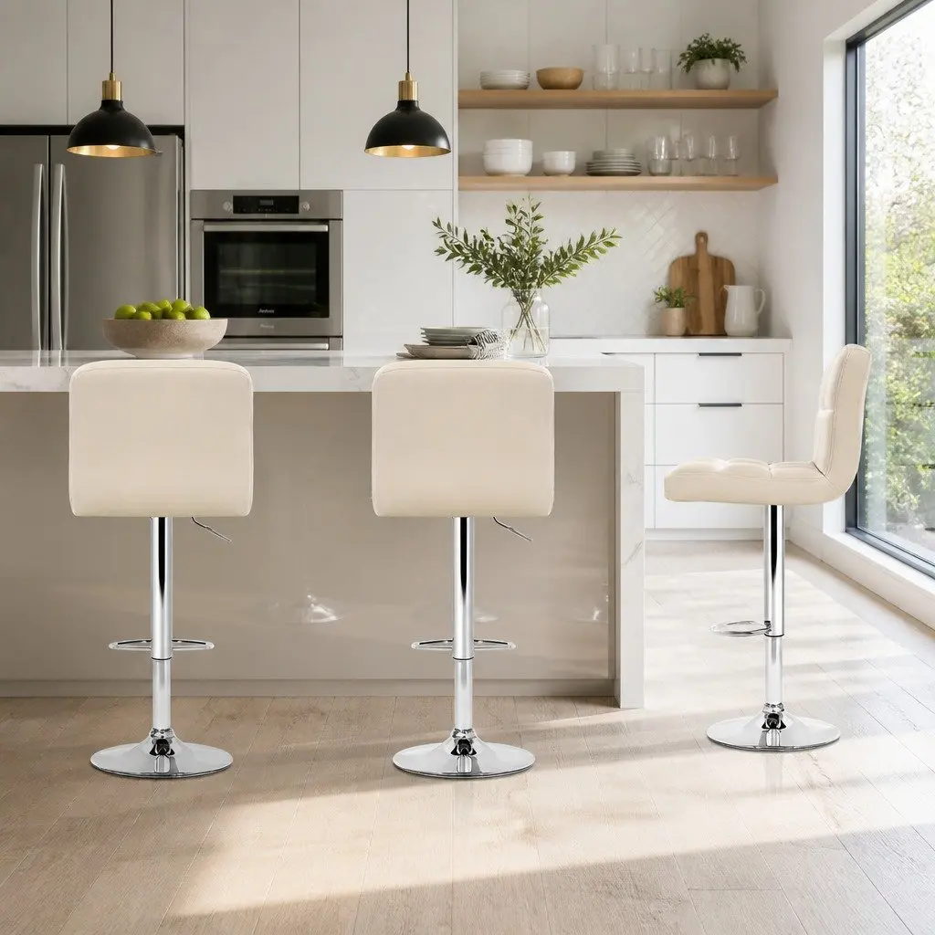Bar Stools Set of 4 Gas Lift Swivel Upholstered Seat Adjustable Height Backrest Beige PU Leather Chrome Base