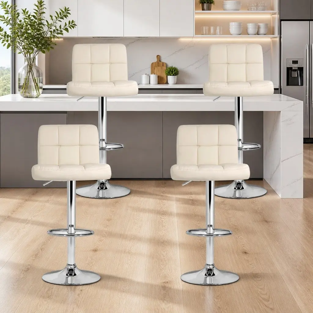 Bar Stools Set of 4 Gas Lift Swivel Upholstered Seat Adjustable Height Backrest Beige PU Leather Chrome Base
