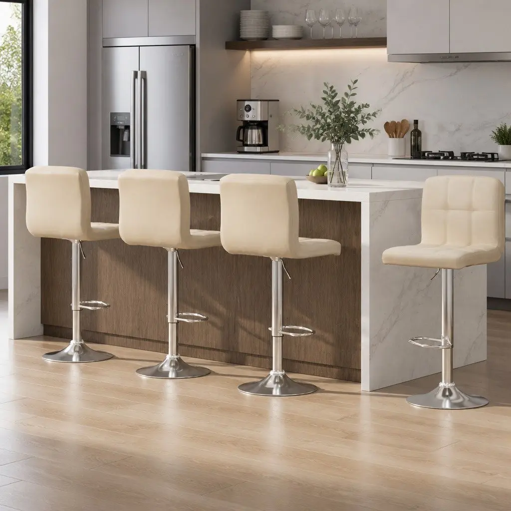 Bar Stools Set of 4 Gas Lift Swivel Upholstered Seat Adjustable Height Backrest Beige PU Leather Chrome Base