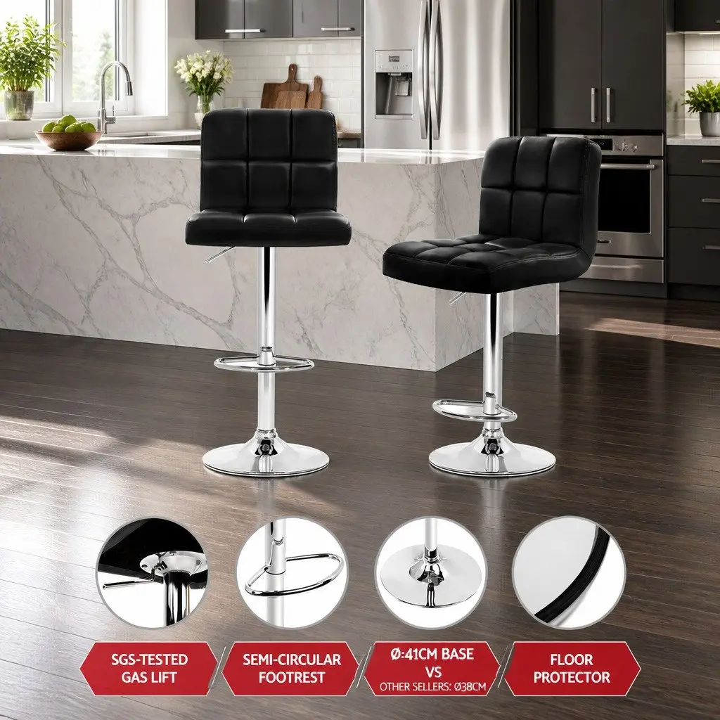 Set of 2 Adjustable Height Black Bar Stools