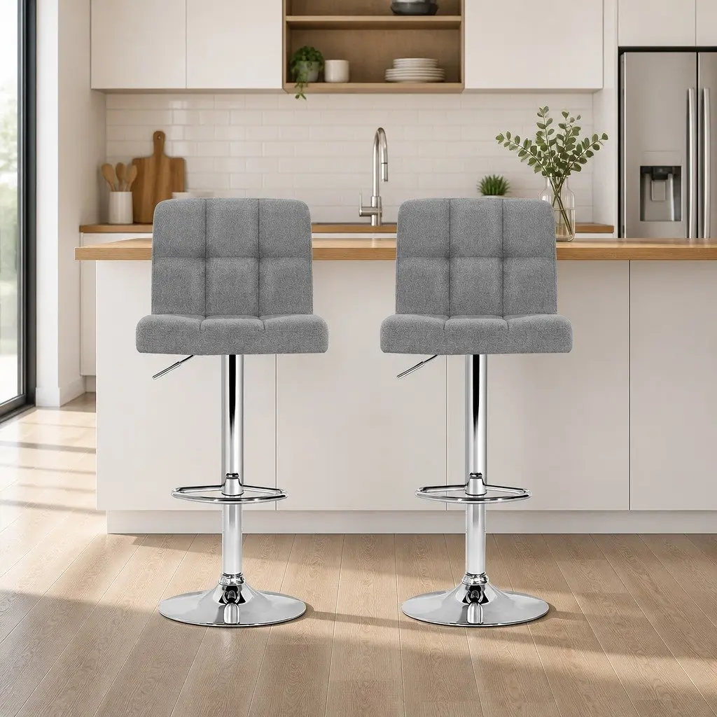 Bar Stools Swivel Gas Lift Grey Faux Linen Fabric Set of 2 Steel Base