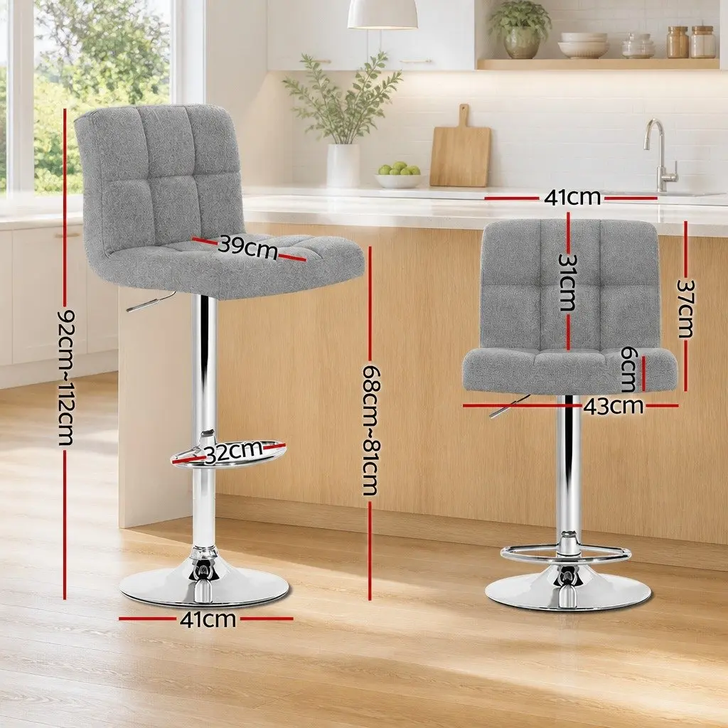 Bar Stools Swivel Gas Lift Grey Faux Linen Fabric Set of 2 Steel Base