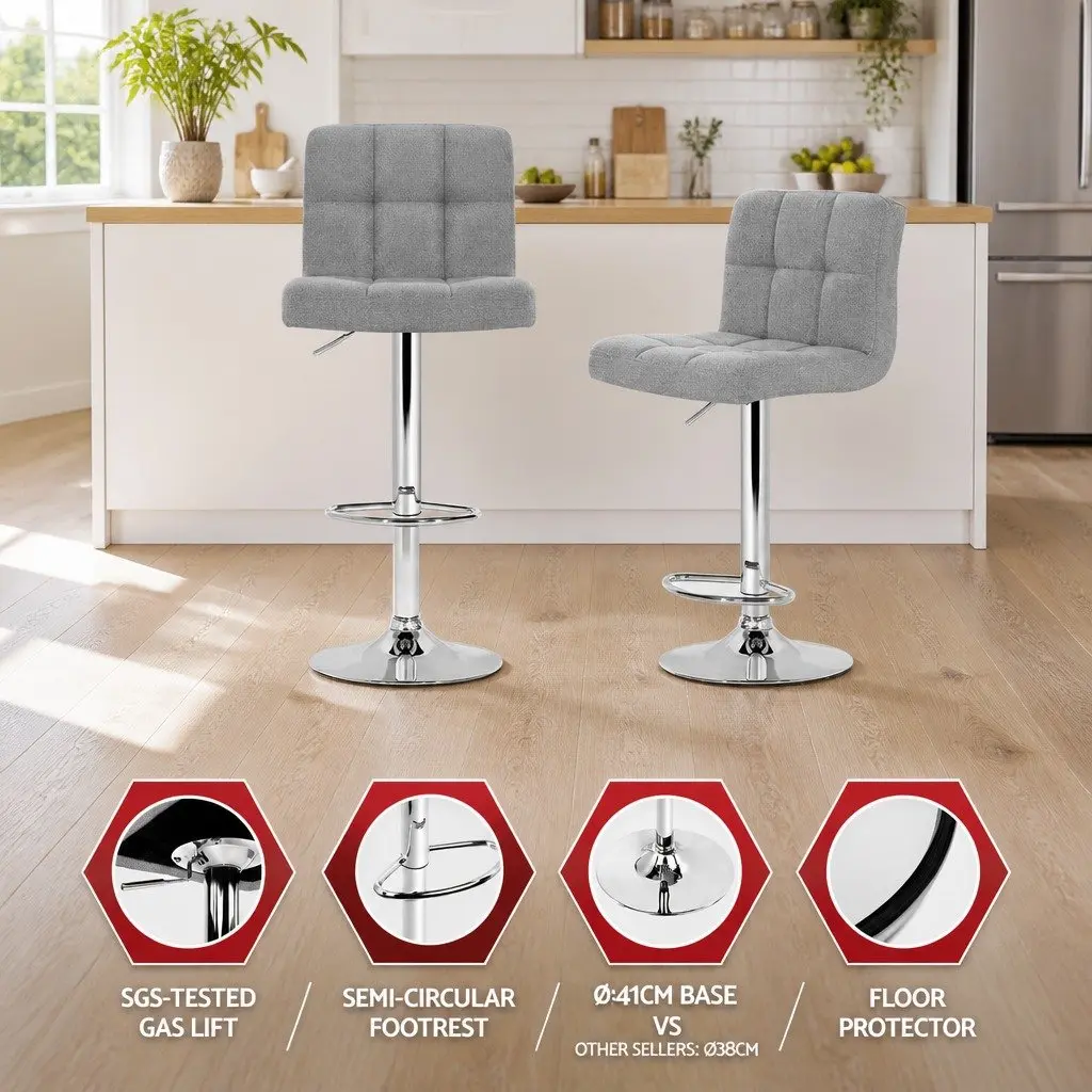 Bar Stools Swivel Gas Lift Grey Faux Linen Fabric Set of 2 Steel Base