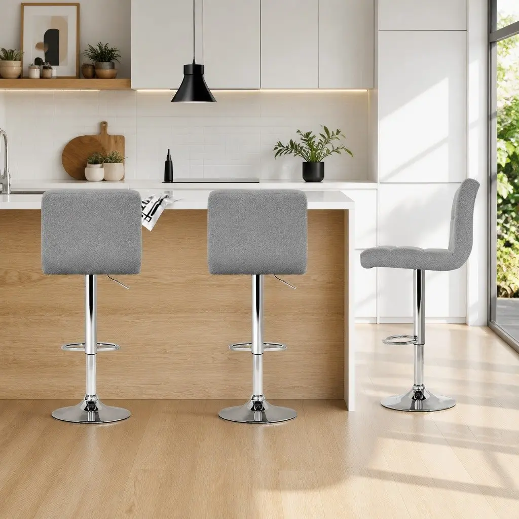 Bar Stools Swivel Gas Lift Grey Faux Linen Fabric Set of 2 Steel Base