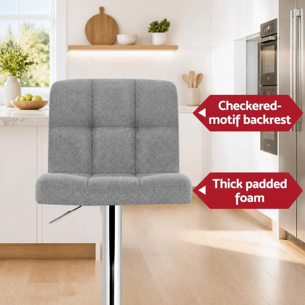 Bar Stools Swivel Gas Lift Grey Faux Linen Fabric Set of 2 Steel Base