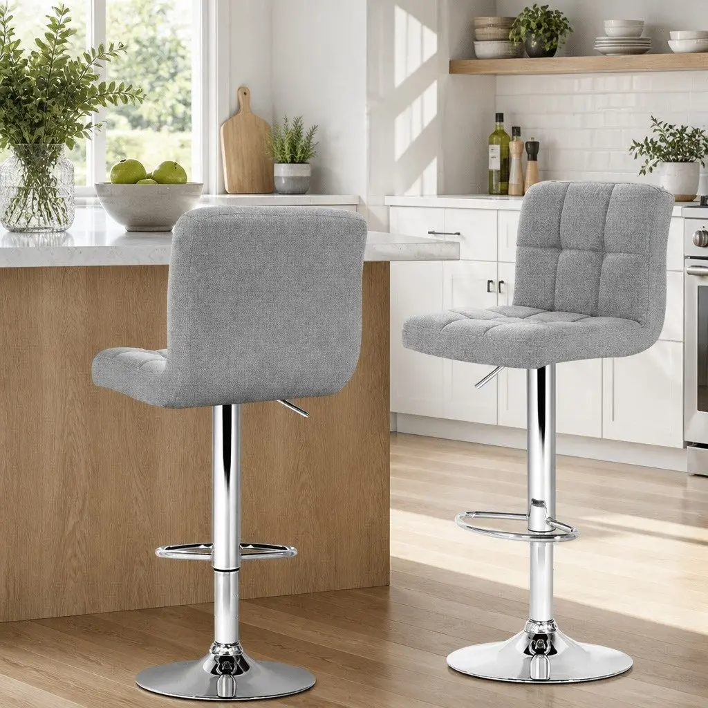 Bar Stools Swivel Gas Lift Grey Faux Linen Fabric Set of 2 Steel Base