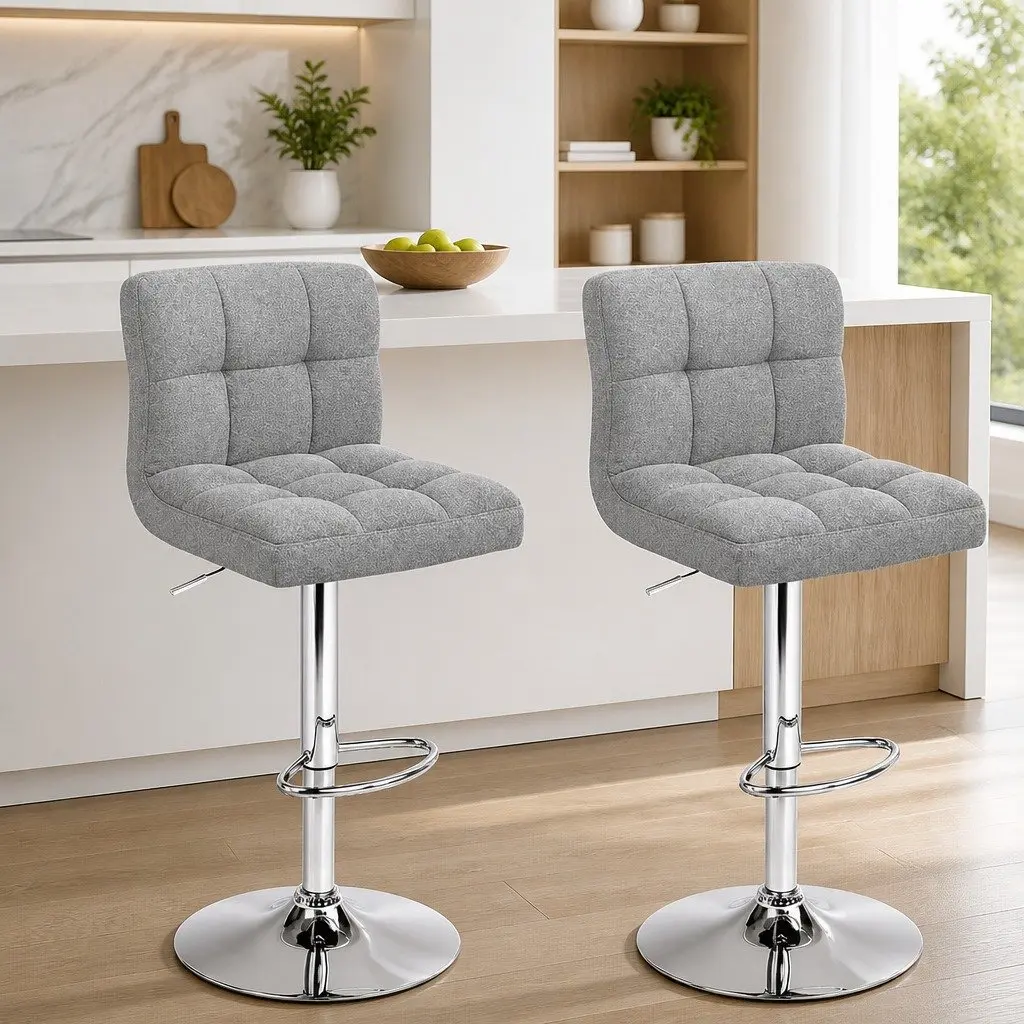 Bar Stools Swivel Gas Lift Grey Faux Linen Fabric Set of 2 Steel Base