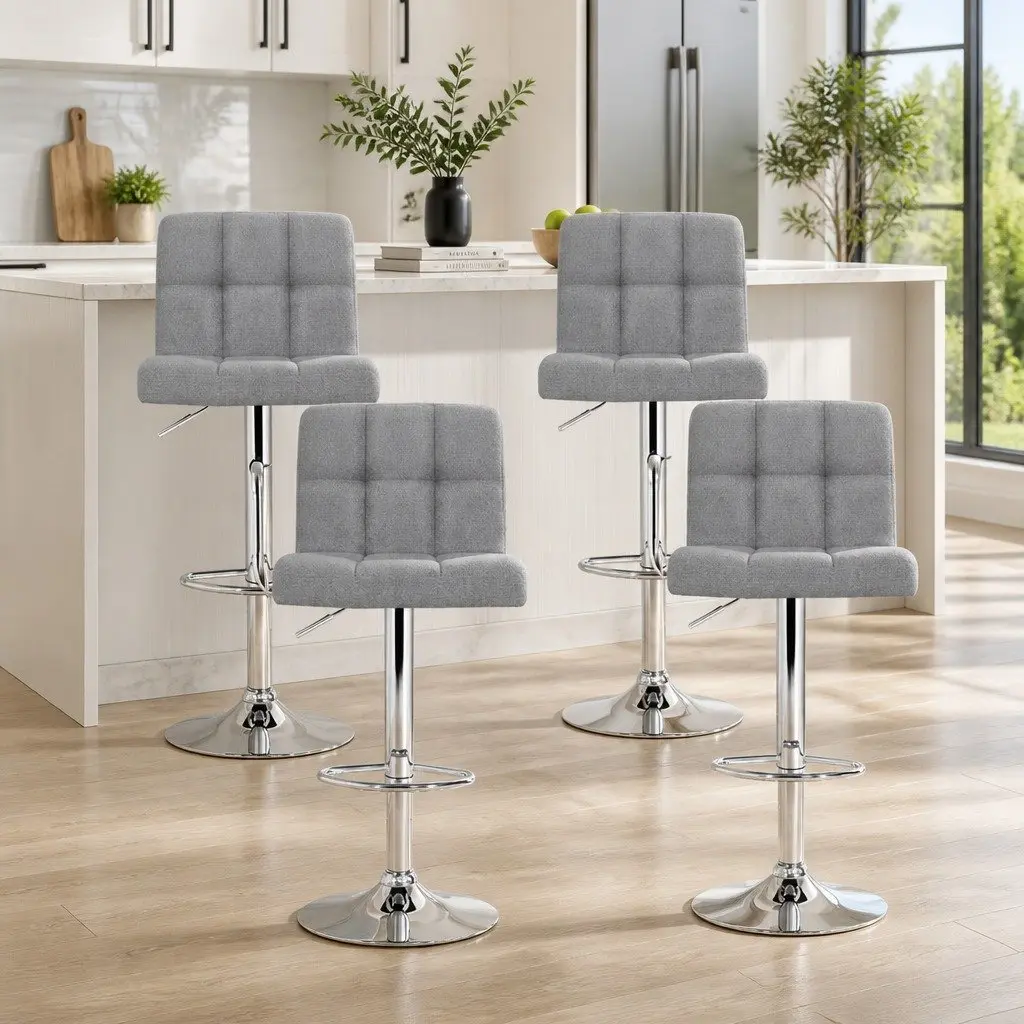 Set of 4 Grey Fabric Bar Stools with Gas Lift