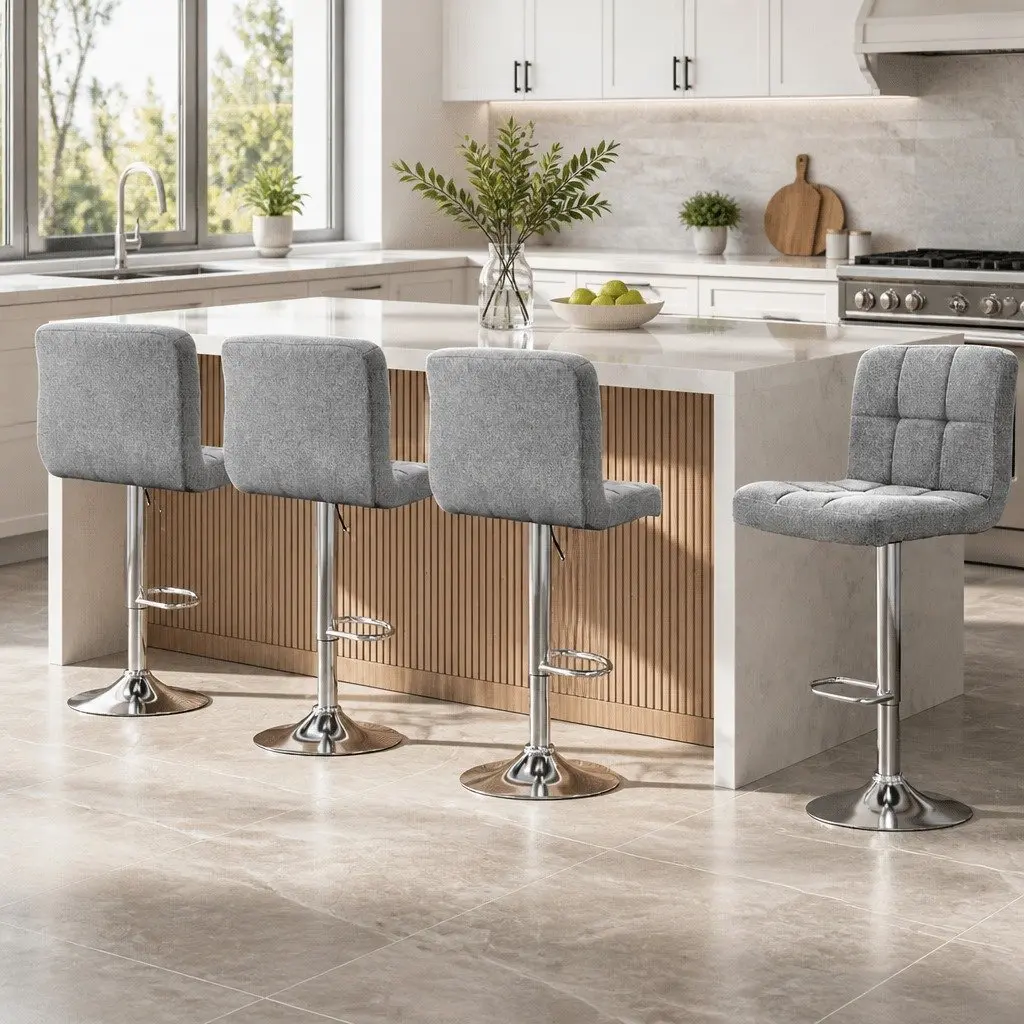 Set of 4 Grey Fabric Bar Stools with Gas Lift