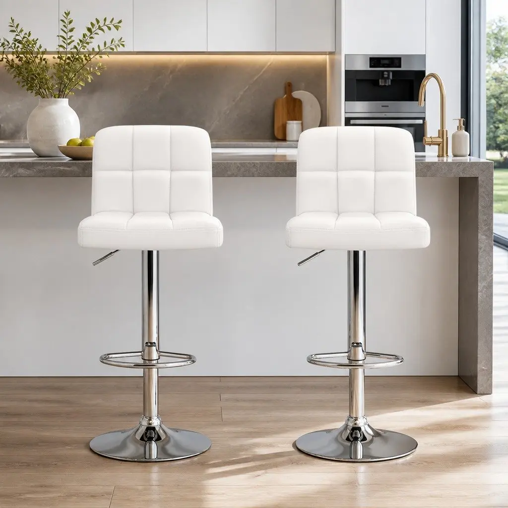 Adjustable Height White Leather Bar Stools Set of 2