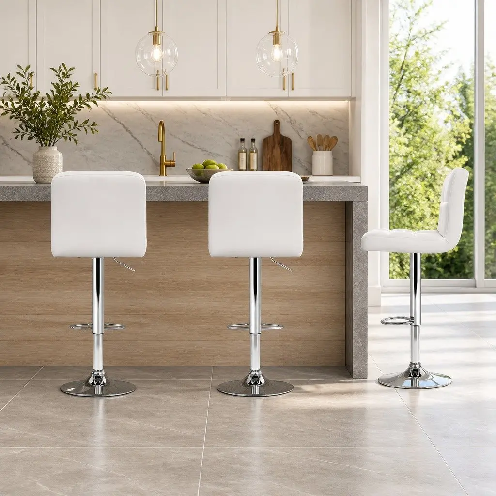 Adjustable Height White Leather Bar Stools Set of 2