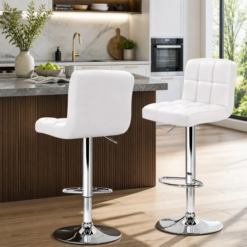 Adjustable Height White Leather Bar Stools Set of 2