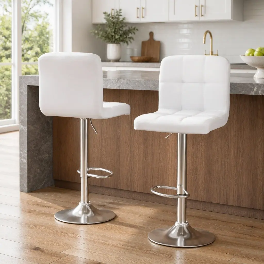 Adjustable Height White Leather Bar Stools Set of 2