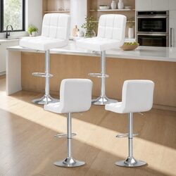 Set of 4 White Faux Leather Swivel Bar Stools