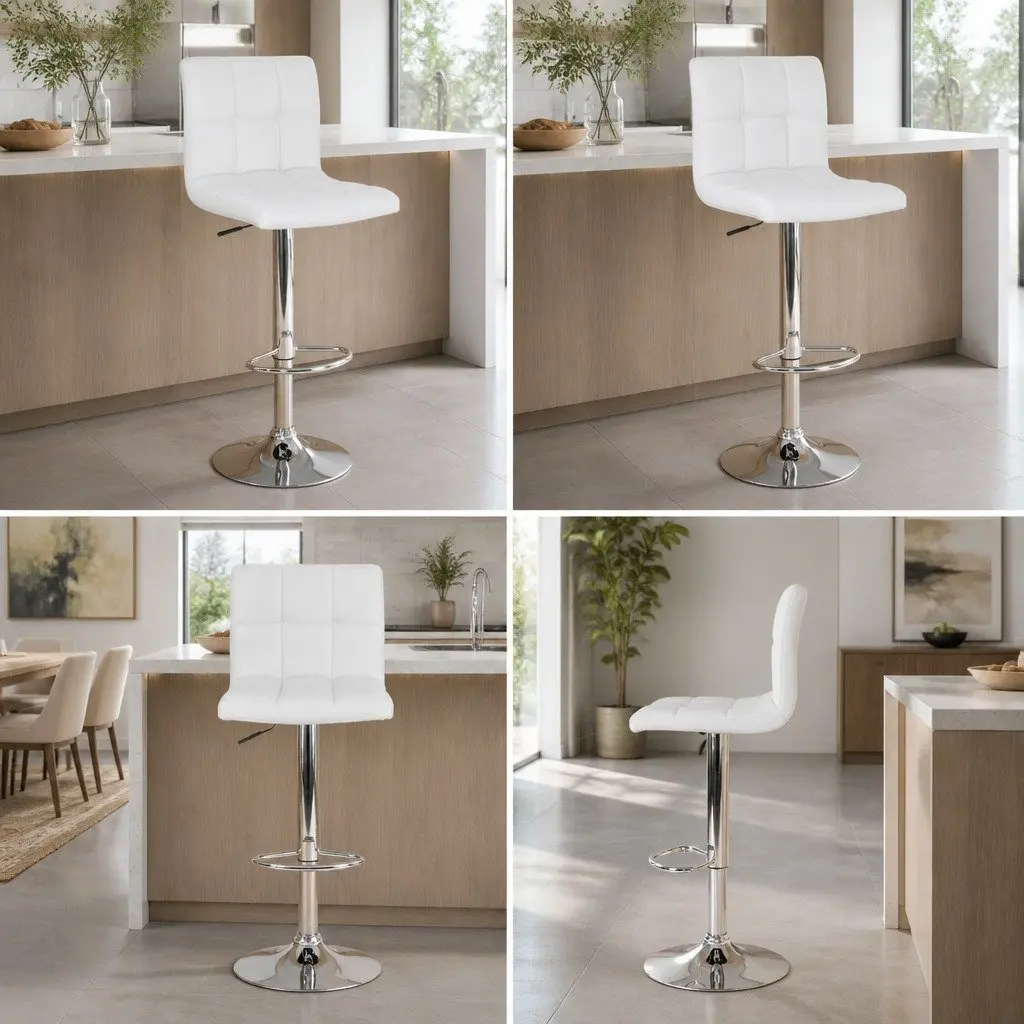 Set of 4 White Faux Leather Swivel Bar Stools