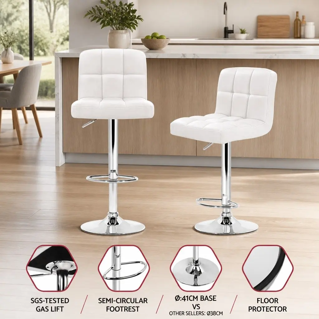 Set of 4 White Faux Leather Swivel Bar Stools